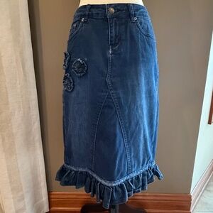Woolrich Blue Denim Rose Ruffle Midi Skirt, Modest Size 4